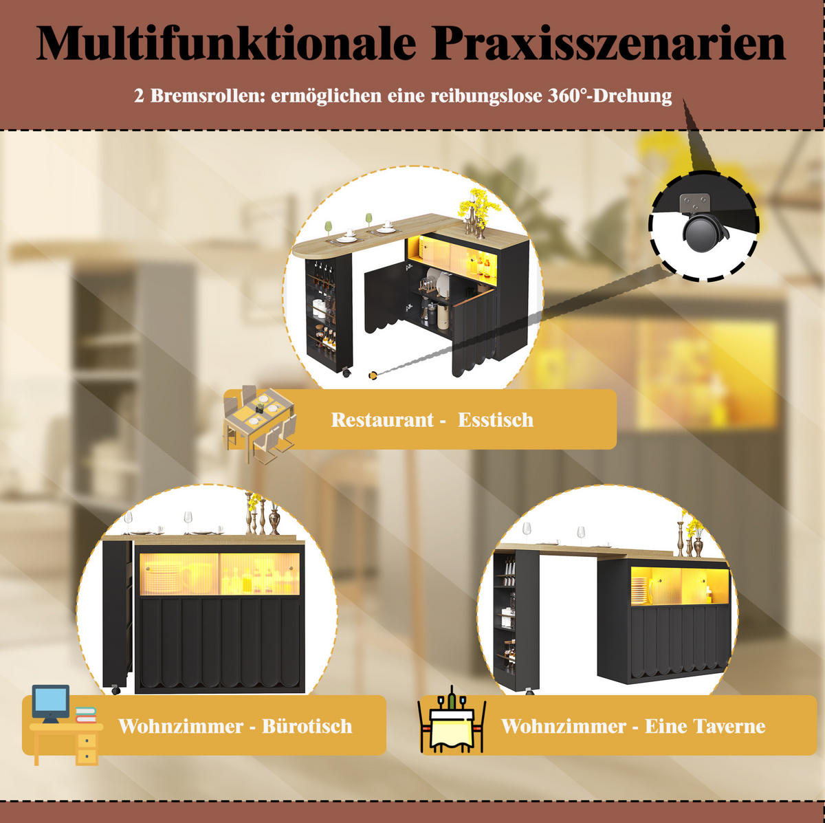 AUSZIEHBARER Bartisch mit LED & Stauraum, 135-205/39/100 cm, Schwarz, mit USB-Anschluss - Schwarz, Holzwerkstoff (39/100/135cm) - Redom