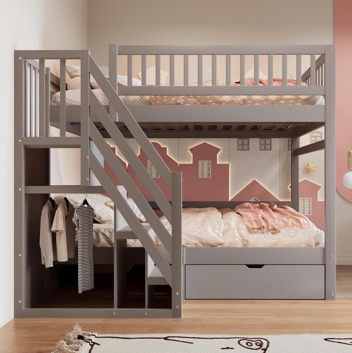 ETAGENBETT 140/200 cm Grau mit Lattenrost aus Massivholz - Grau, Holz (140/200cm) - MIVRAY