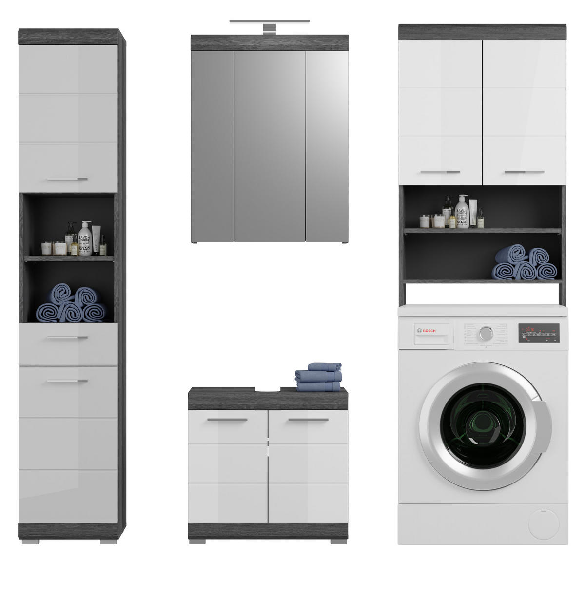 BADMÖBEL-SET weiß Hochglanz, grau 4-teilig 190 cm, Komplettset mit 23 Fächern - Weiß Hochglanz/Grau, Holzwerkstoff (190/191/34cm) - Inn.Furn