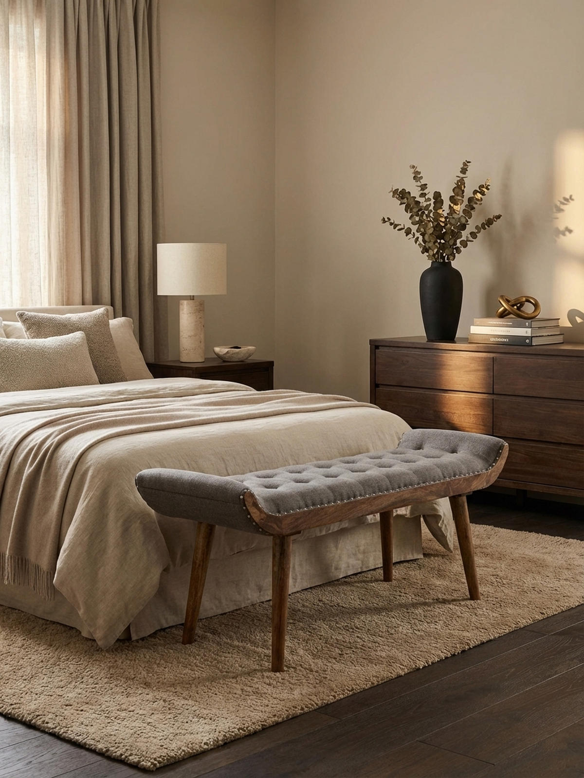 SITZBANK Massivholz Chesterfield Muster, Grau 125x38x50 cm - Braun/Grau, Mangoholz/Textil (125/50/38cm) - KADIMA DESIGN