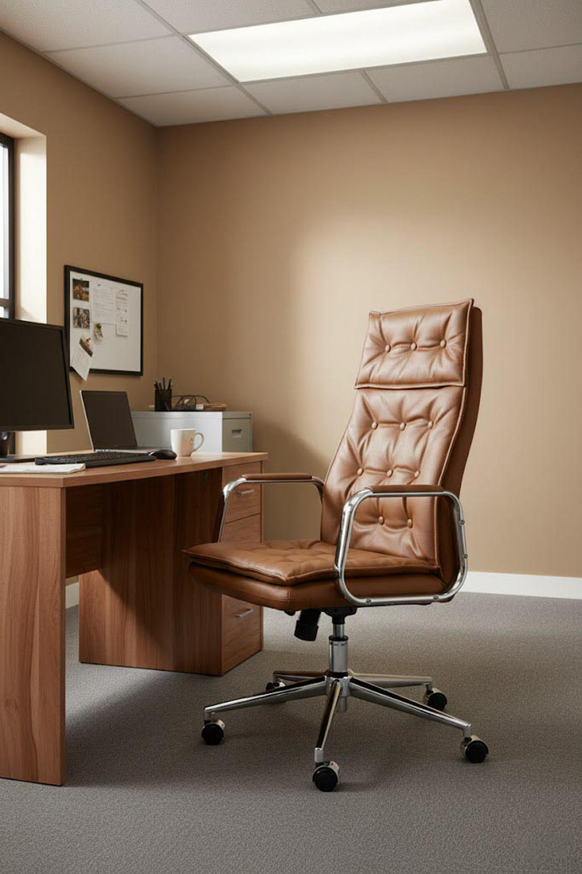 BÜROSTUHL Ronix Echtleder hellbraun - Hellbraun/Chromfarben, Leder/Metall (60/120/65cm) - TPFLiving