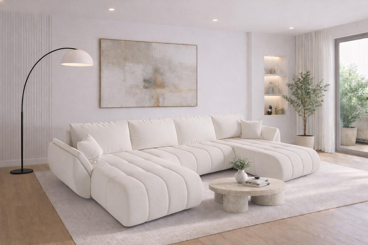 ECKSOFA mit schlaffunktion und bettkasten TOKYO U PREMIUM, stoff WIND, Ecru - Ecru, Holz (384/190cm) - Kaiser Möbel