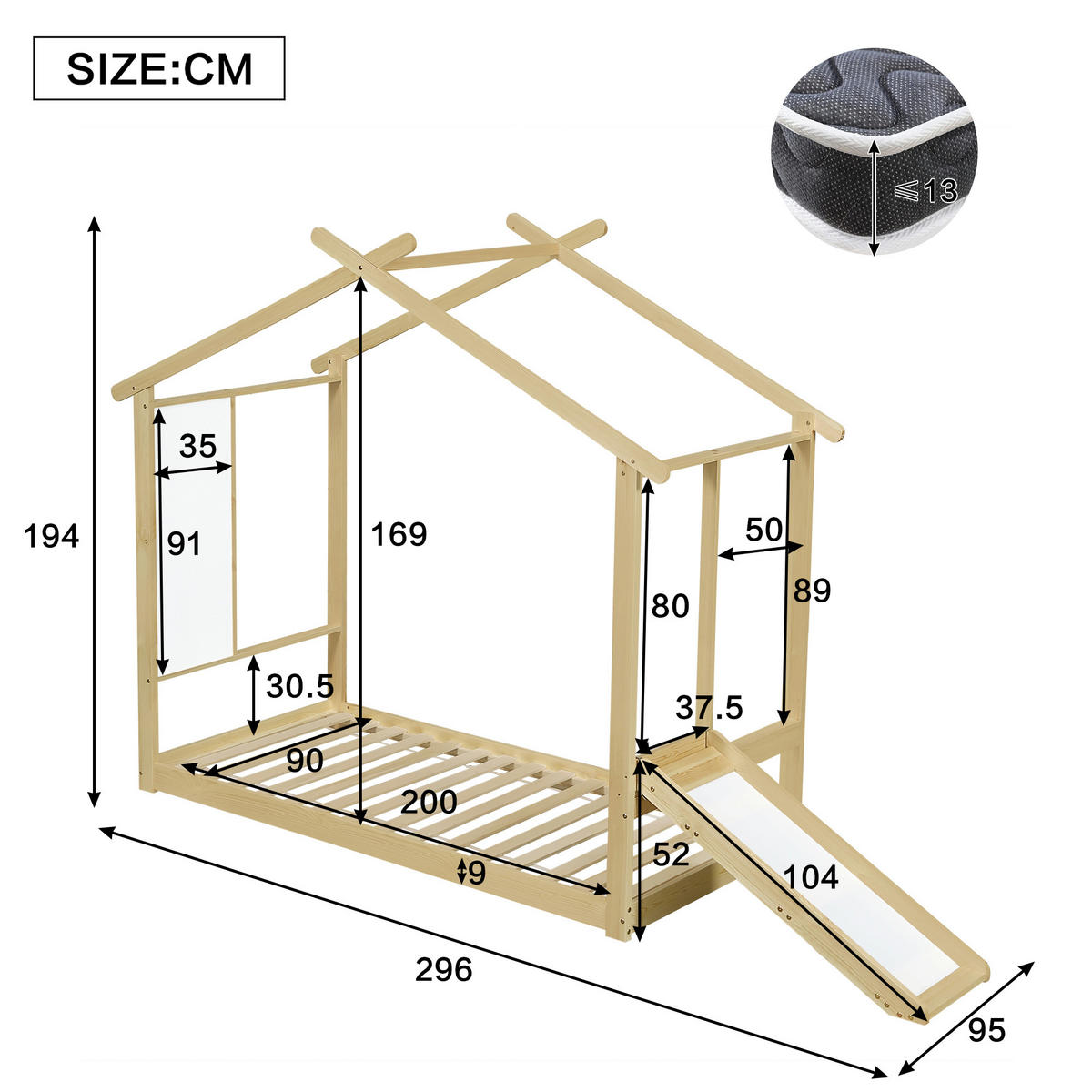 KINDERBETT 90/200 cm Natur mit Rutsche und beschreibbarer Weißwandtafel aus Kiefer und MDF - Naturfarben, Holz (90/200cm) - OKWISH