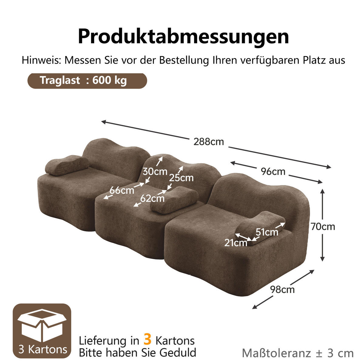 SOFA 288/98/70 cm in Braun aus Samt, modular und rahmenlos - Braun, Textil (98/70/288cm) - Flora Grace