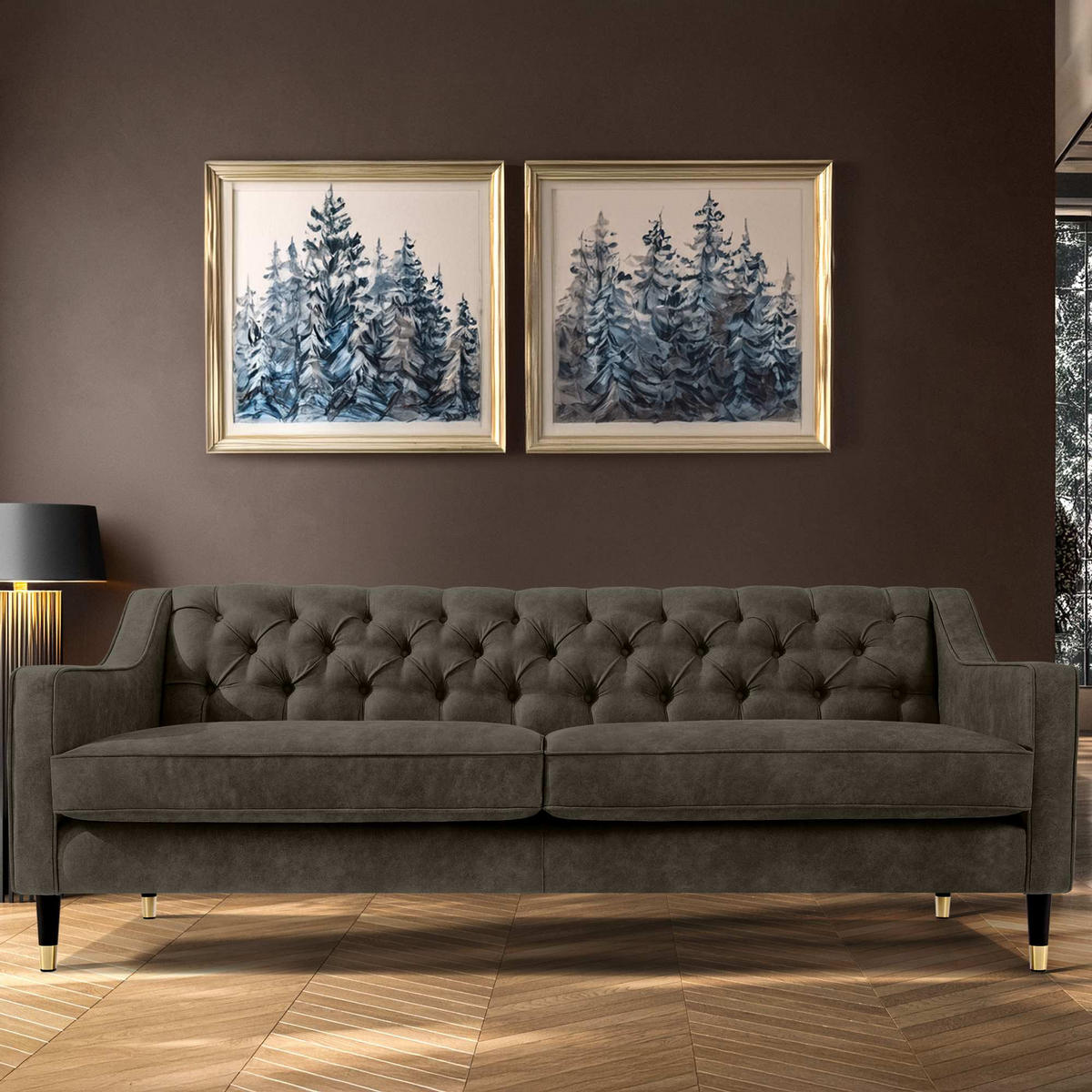 3-SITZER-SOFA NOMUS Velours, gesteppt, Graphit - Wengefarben/Graphitfarben, Holz/Holzwerkstoff (192/78/80cm) - KONSIMO®