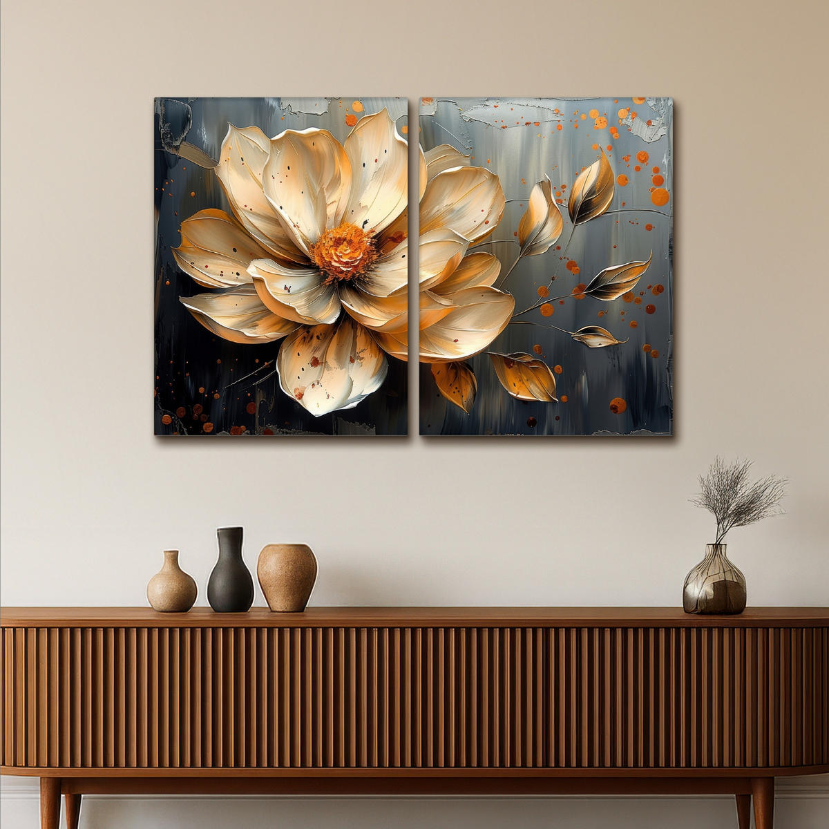 LEINWANDBILD 2er Set Blume - Gold - Abstrakt - Farbe 120x80 cm - Creme, Textil (120/80cm) - MuchoWow
