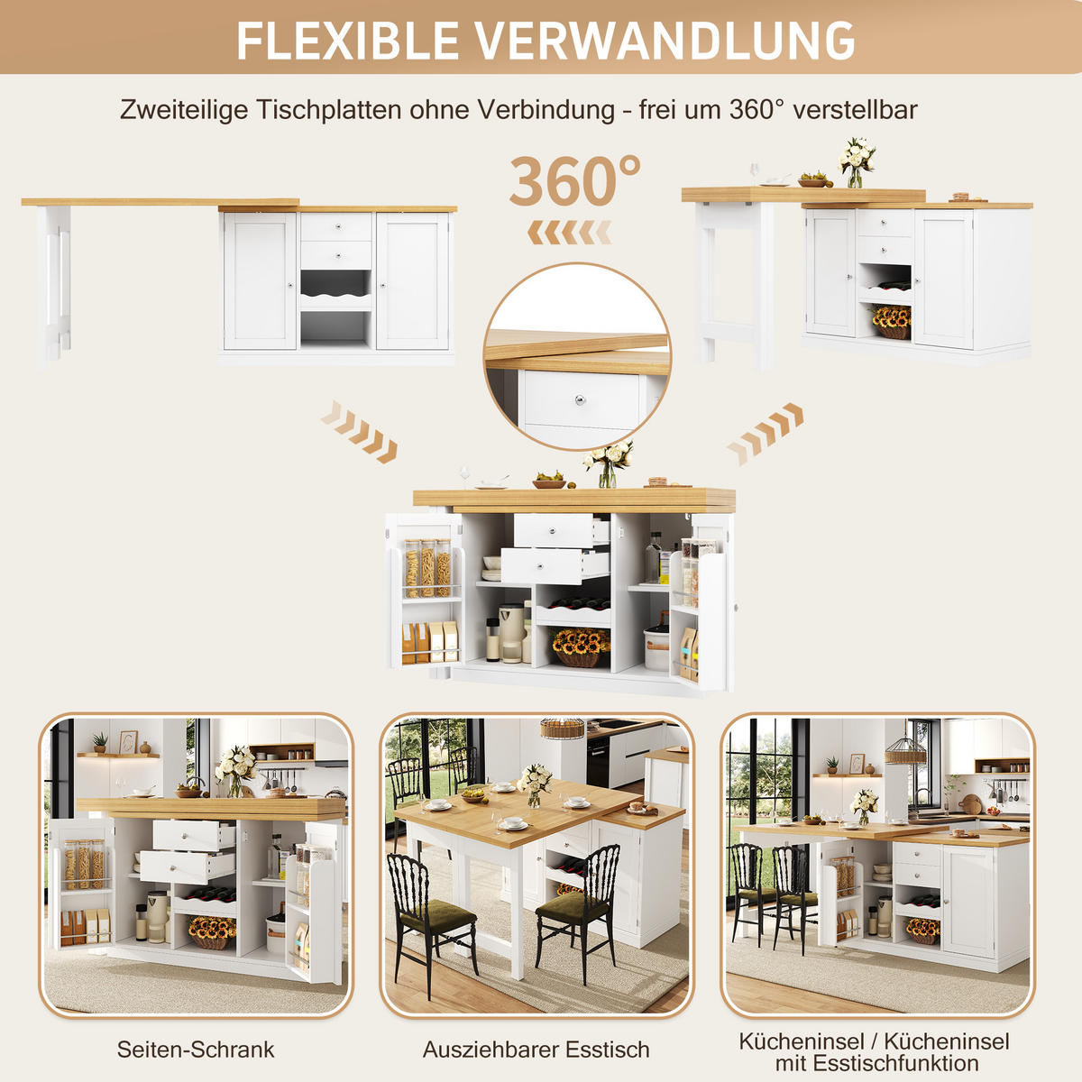 ESSTISCH Ausziehbar 120–197cm 360° Weinregal Stauraum - Weiß, Holzwerkstoff (40/120/74cm) - FLIEKS