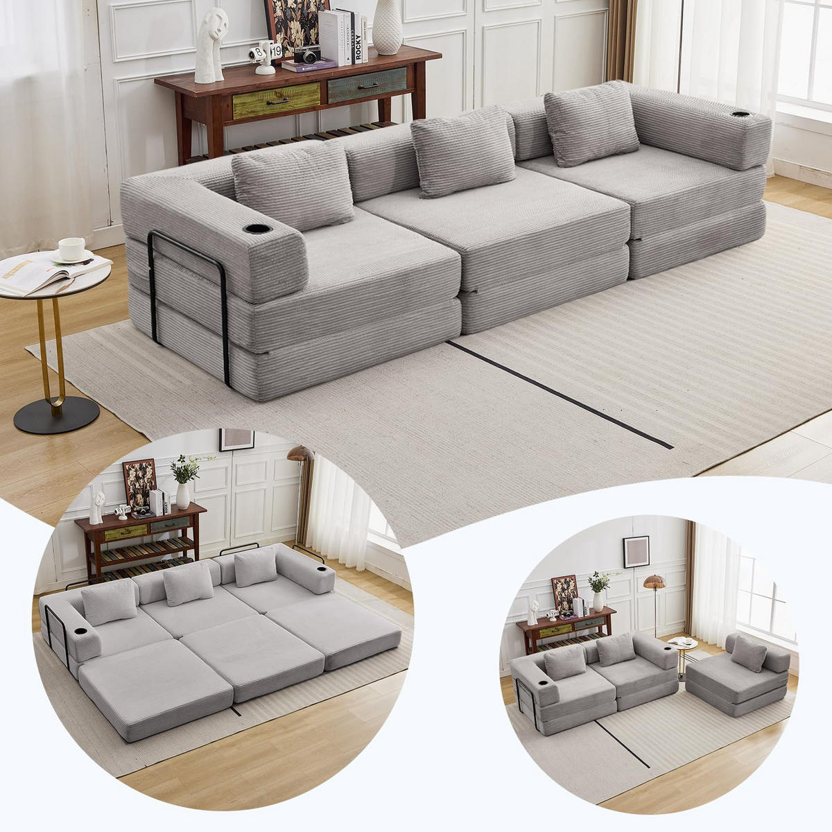 SCHLAFSOFA 3-Sitzer Cord mit Bettfunktion, faltbares Sofa - Grau, Textil (300/63/100cm) - Kaket