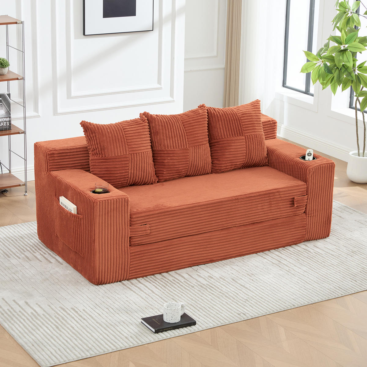 2-SITZER Bodensofa ausklappbar, Getränkehalter/Seitentaschen, Cord, Orange - Orange, Textil (172/64/87cm) - LVHOM