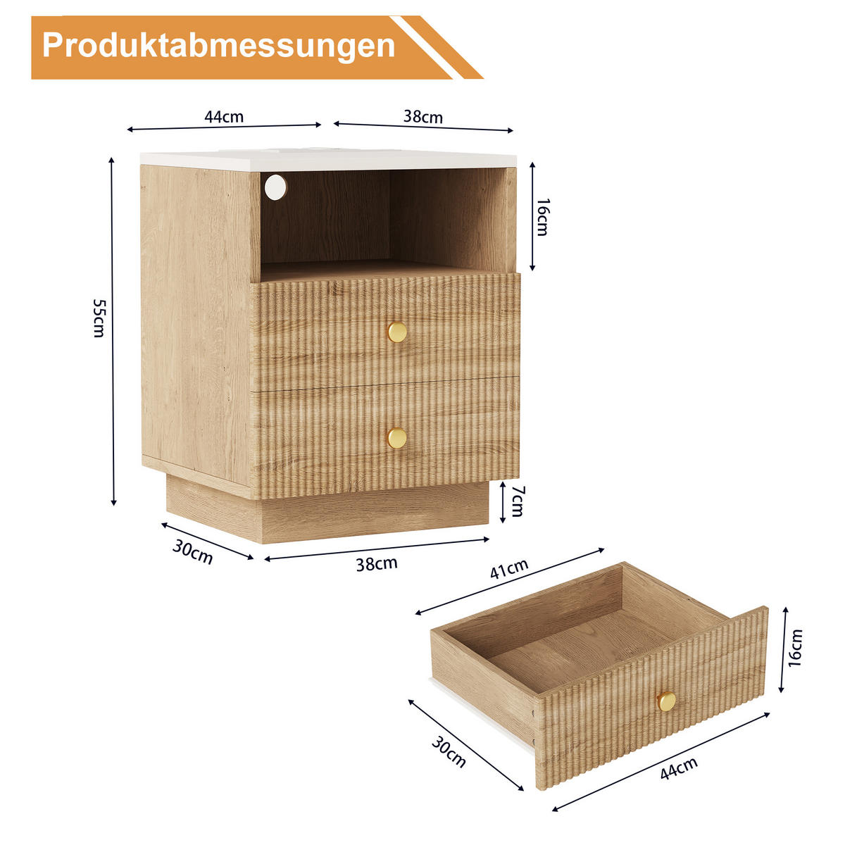 NACHTSCHRANK 2er Set, 44/38/55 cm, mit 2 Schubladen & LED-Beleuchtung, in Naturholzfarbe, mit Steckdose, USB & Type-C, Nachttisch für Schlafzimmer - Goldfarben/Naturfarben, Holz/Metall (38/55/44cm) - BPKADHY