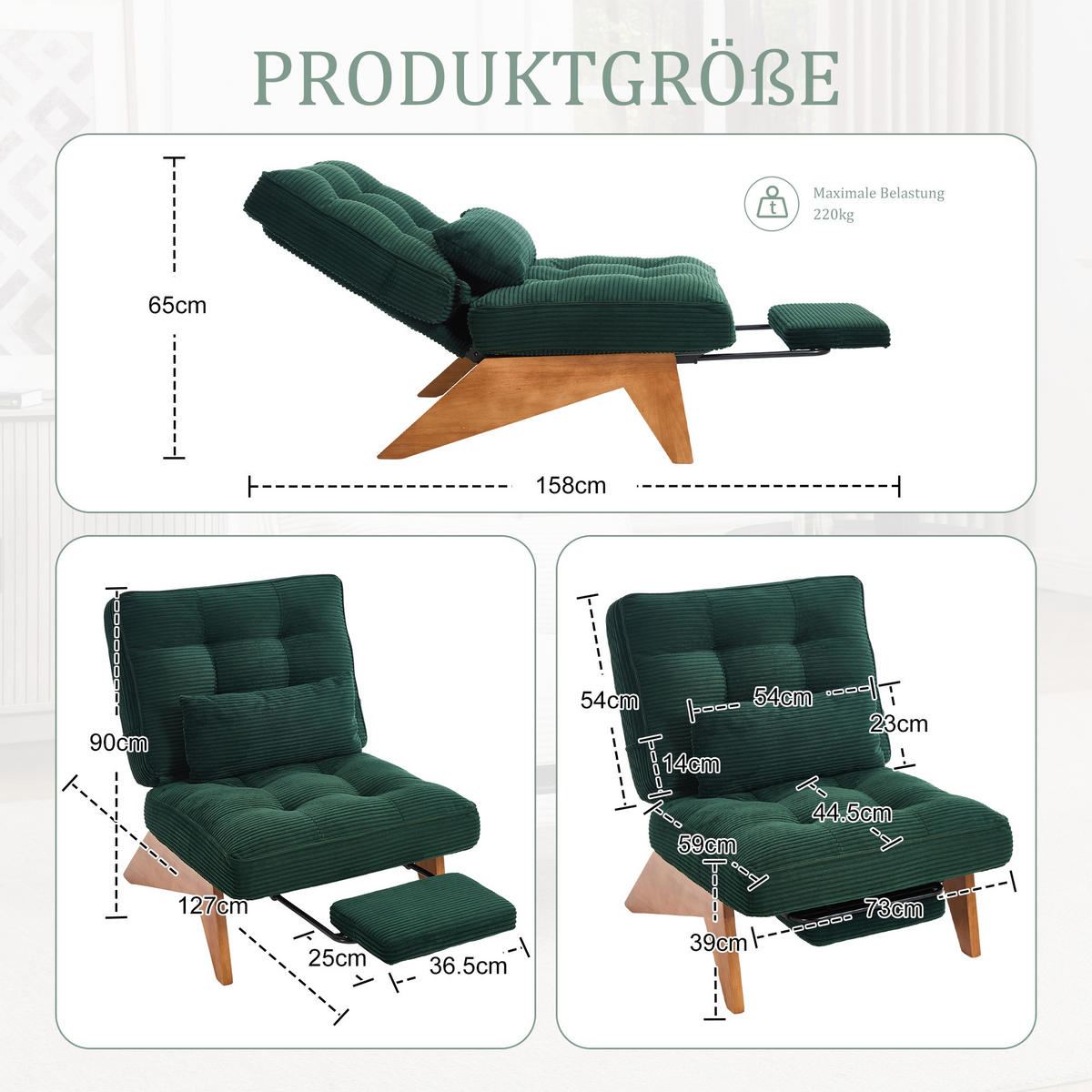 SCHAUKELSTUHL Smaragd Cord mit Fußstütze, Lendenkissen und Holzbeinen - Smaragdgrün, Textil (73/90/127cm) - Oxeza