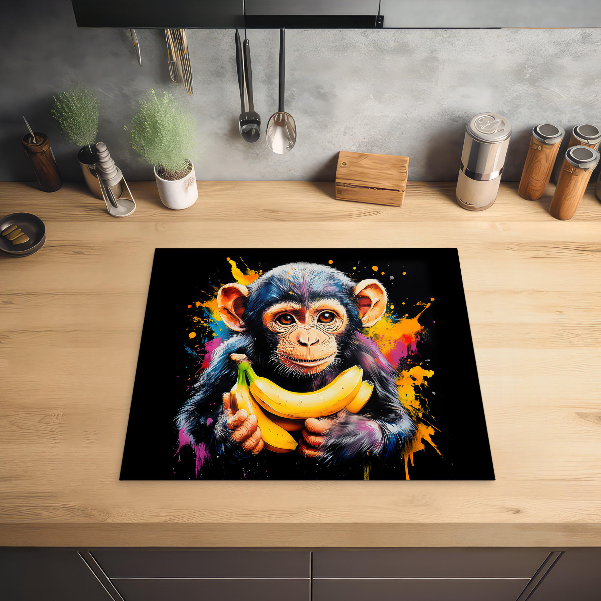 HERDABDECKPLATTE Affe - Graffiti - Farbenfroh - Bananen - Modern 60x52 cm - Gelb, Kunststoff (60/0.2/52cm) - MuchoWow