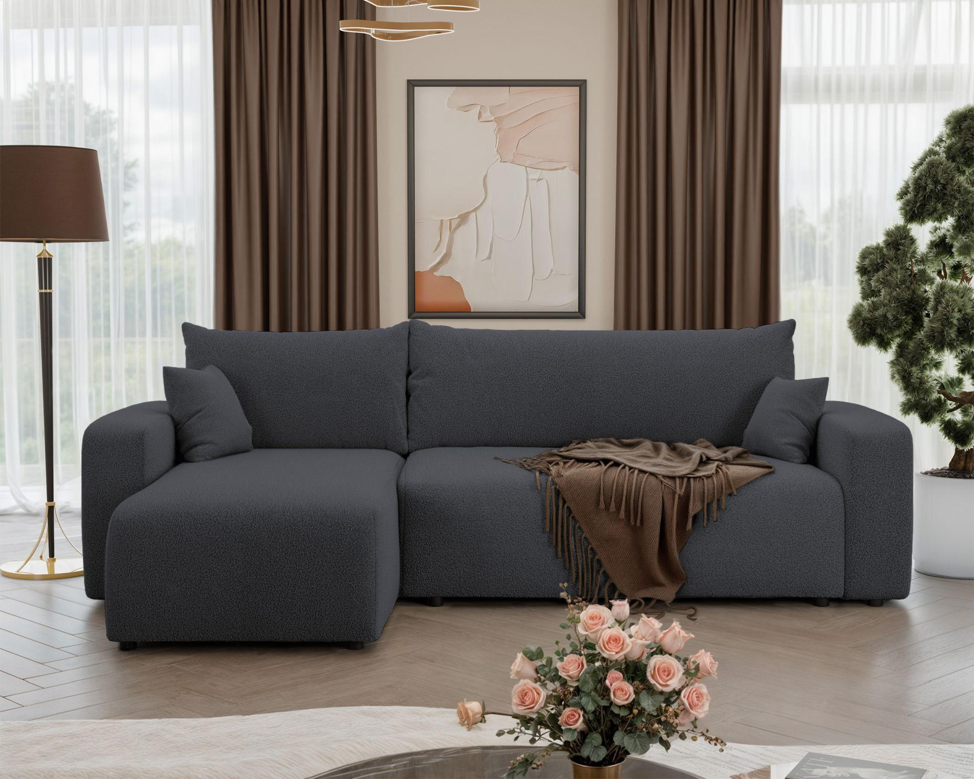 ECKSOFA Pianoni Dunkelgrau Bouclé-Bezug - Dunkelgrau/Schwarz, Kunststoff/Textil (244/140cm) - Selsey