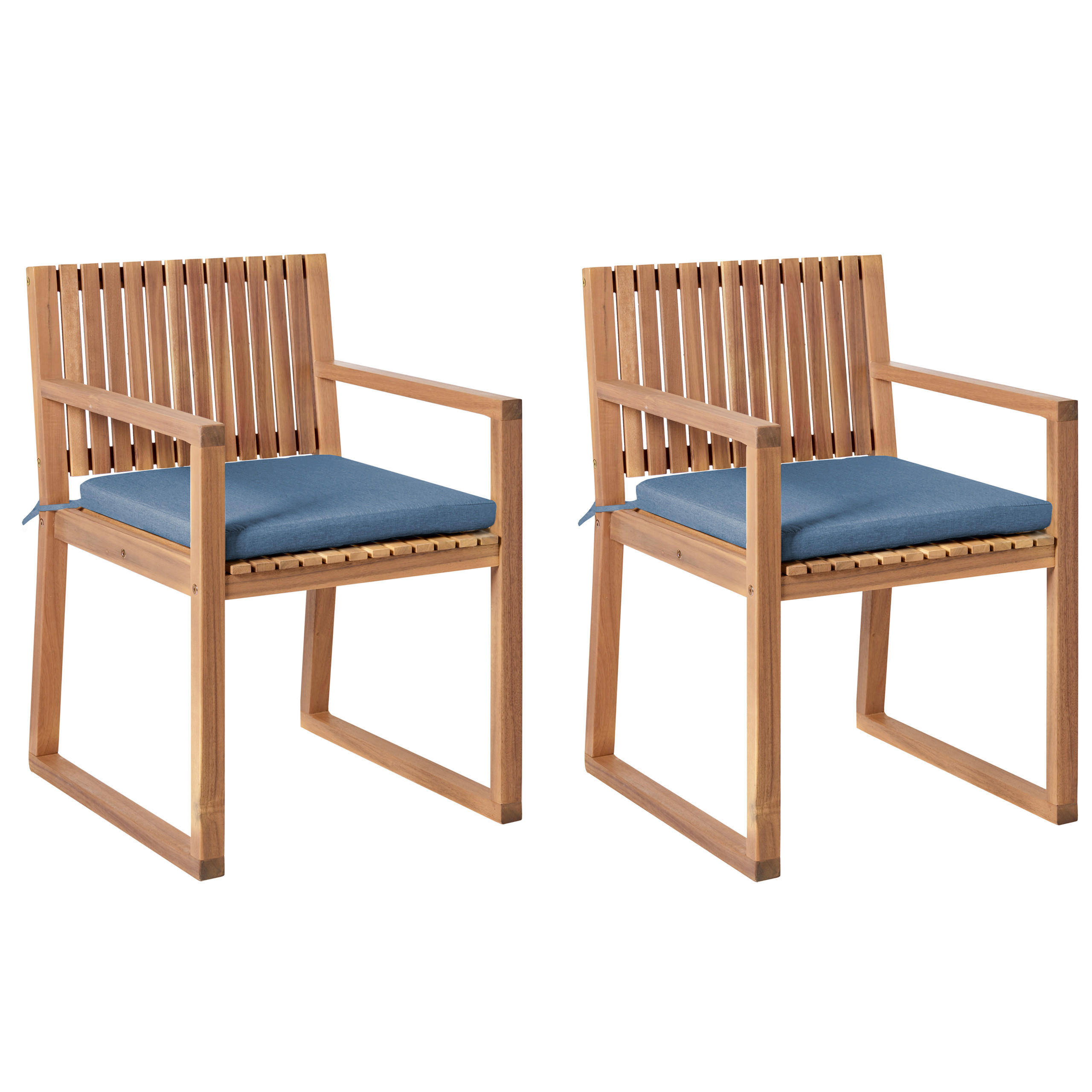 GARTENSTUHL 2er-Set und Sitzkissen zertifiziertes Akazienholz Blau Sassari Premium - Hellbraun, Holz (54/80/59cm) - Beliani