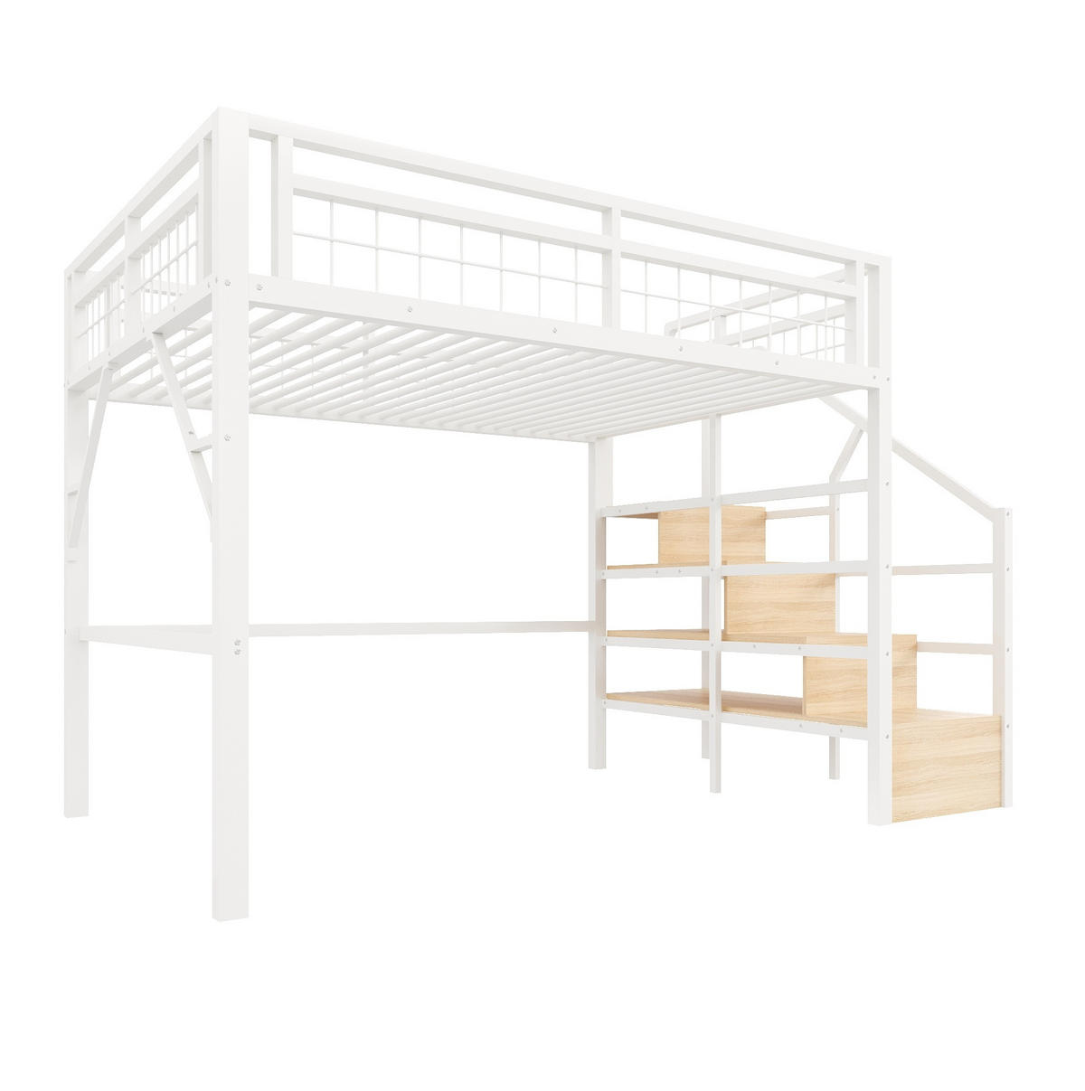 HOCHBETT 140/200 cm mit LED-Lichtleiste, Stauraumtreppe und Freiraum unter dem Bett, Weiß - Weiß, Metall (140/200cm) - Redom