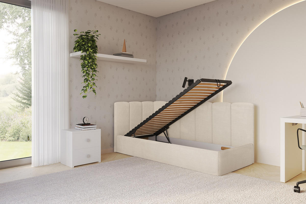 EINZELLBETT Jugendbett mit Bettkasten und Matratze H3/H4, Rechts - DEXY 80x200 Beige - Kaschmir, Holzwerkstoff/Textil (80/200cm) - ALTDECOR