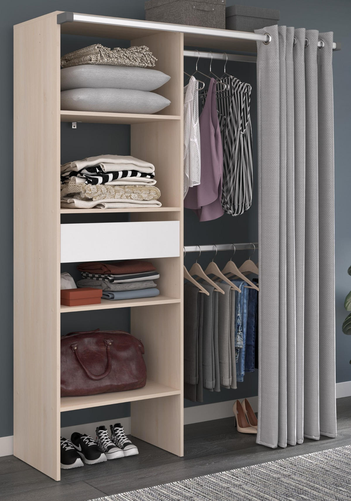 KLEIDERSCHRANK Akazie, grau, Mehrzweckschrank 143 cm mit Vorhang - Akaziefarben/Grau, Holzwerkstoff/Metall (143/182/48cm) - Parisot Meuble