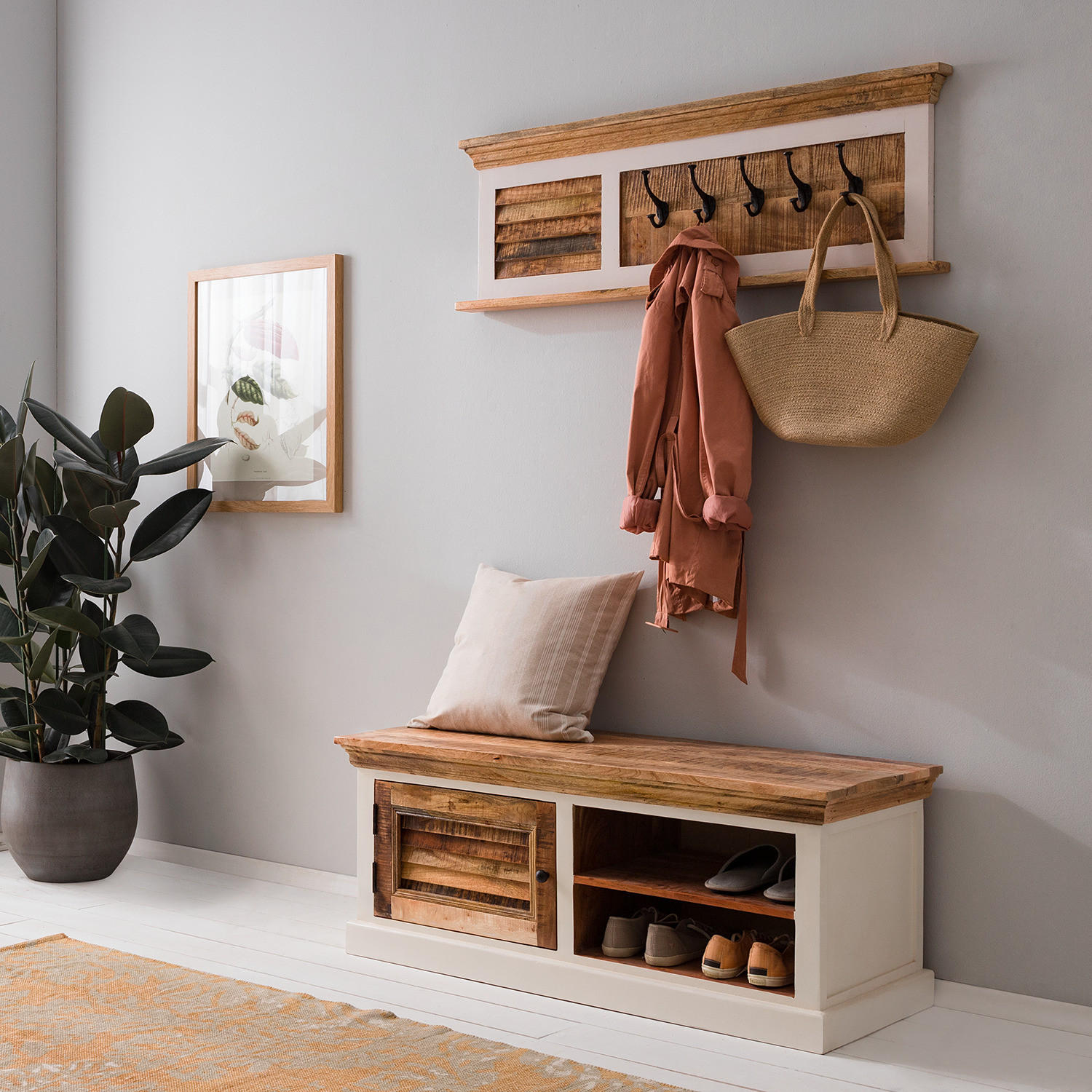 GARDEROBENBANK - Mango massiv - Braun/Weiß, Holz (120/47/45cm) - home24