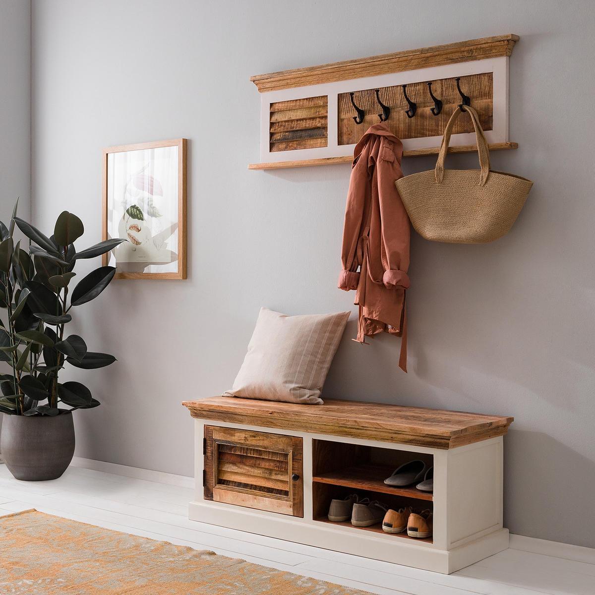 GARDEROBENBANK - Mango massiv - Braun/Weiß, Holz (120/47/45cm) - home24