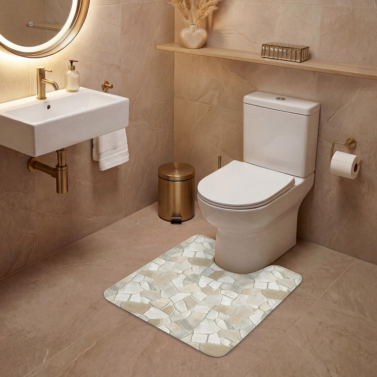WC-VORLEGER Mosaik - Steine - Beige Toilettenvorleger 55x60 cm - Beige, Kunststoff/Textil (55/1cm) - OnlyWow