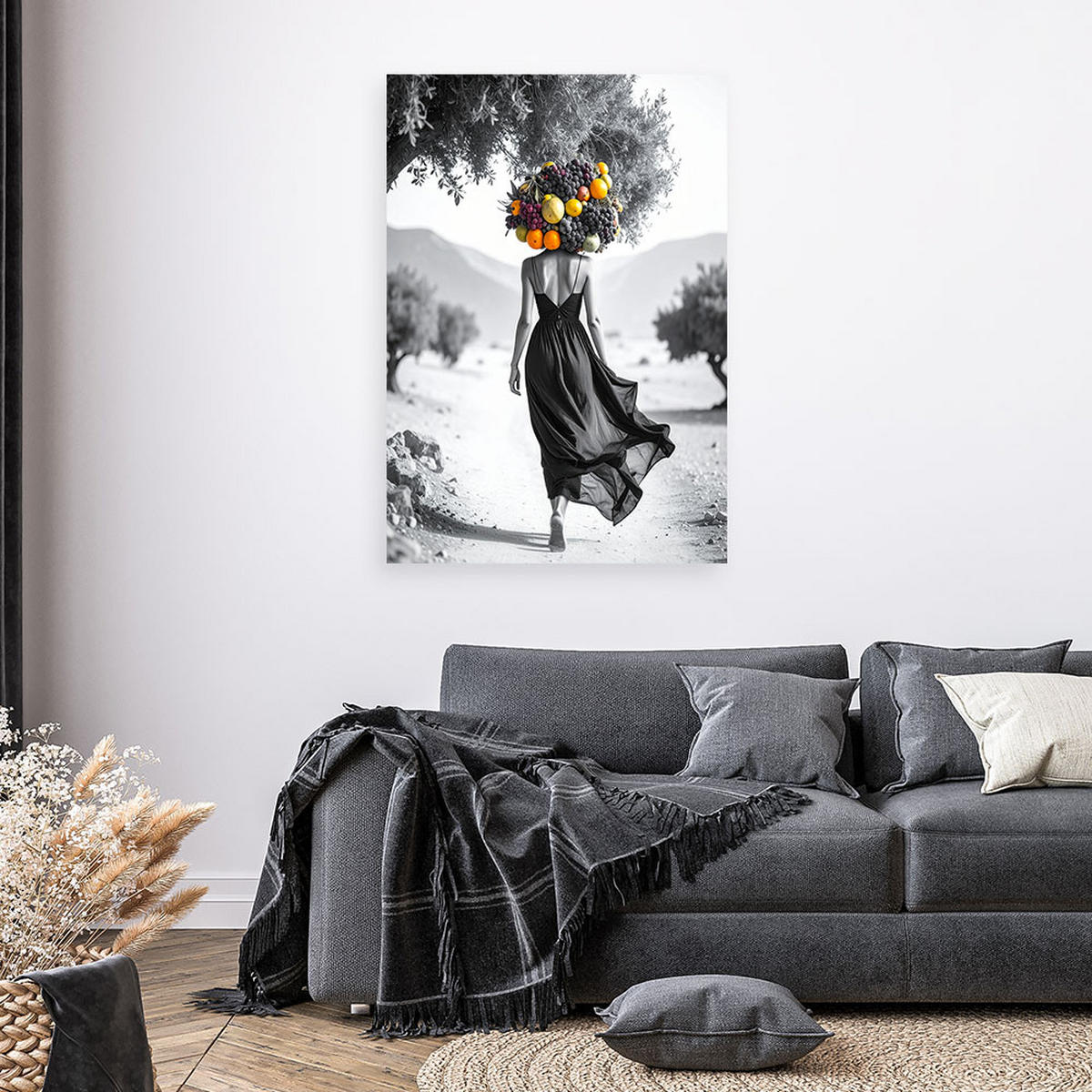 LEINWANDBILD Frau mit Früchten auf dem Kopf 70x100cm - Schwarz, Textil (70/100cm) - Feeby