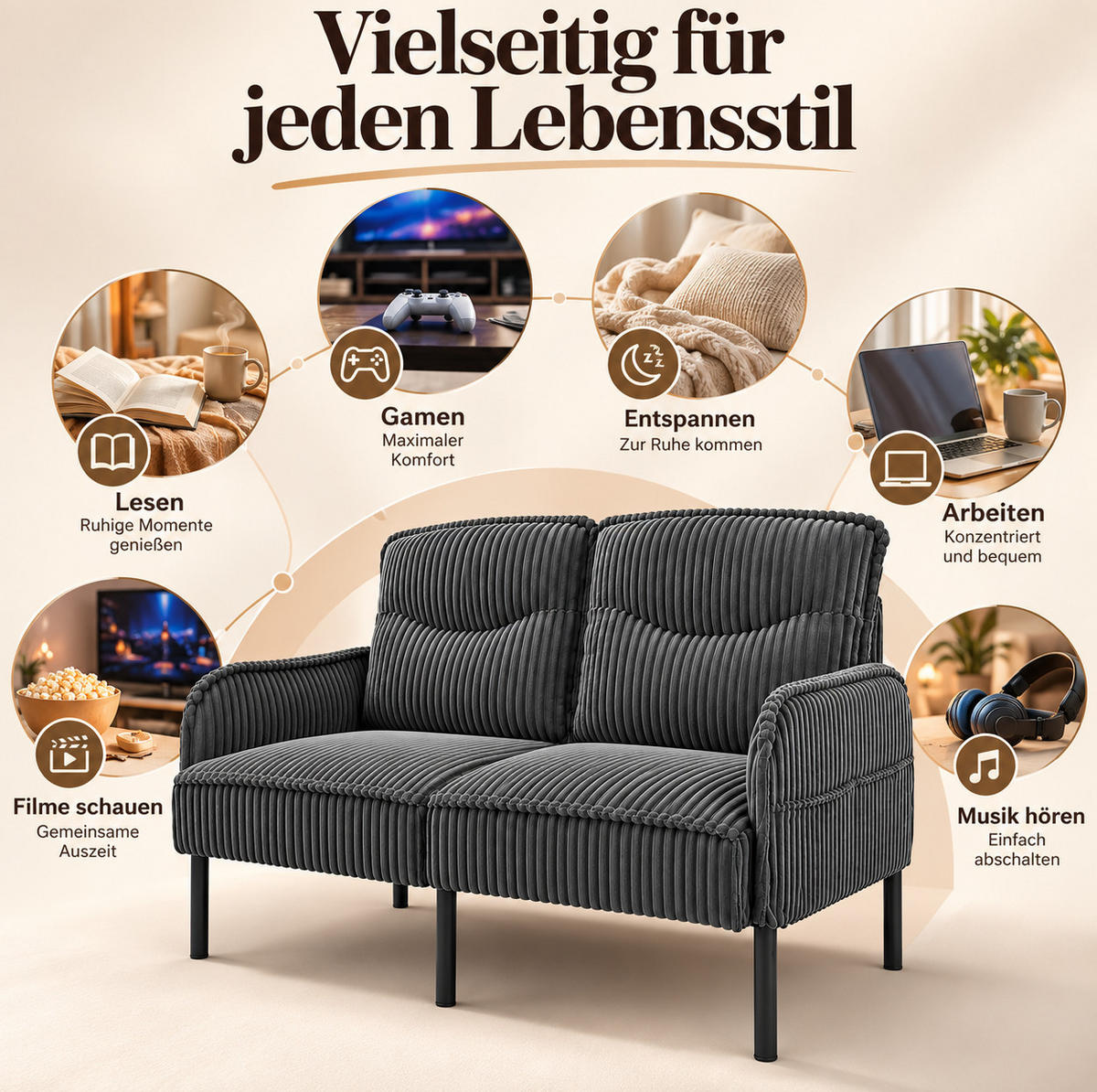 2-SITZER Sofa 122/73/83 cm Cordstoff mit Seitentaschen und Metallbeinen Grau - Schwarz/Grau, Textil/Metall (73/83/122cm) - Redom