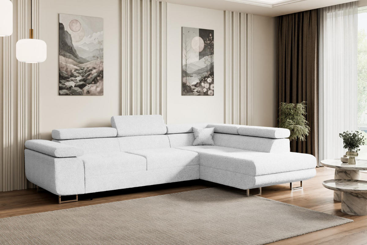 ECKSOFA mit Schlaffunktion und Bettkasten GUSA-L 272x202x107 cm Weiß Bouclé - Silberfarben/Weiß, Holzwerkstoff/Textil (272/202cm) - ALTDECOR