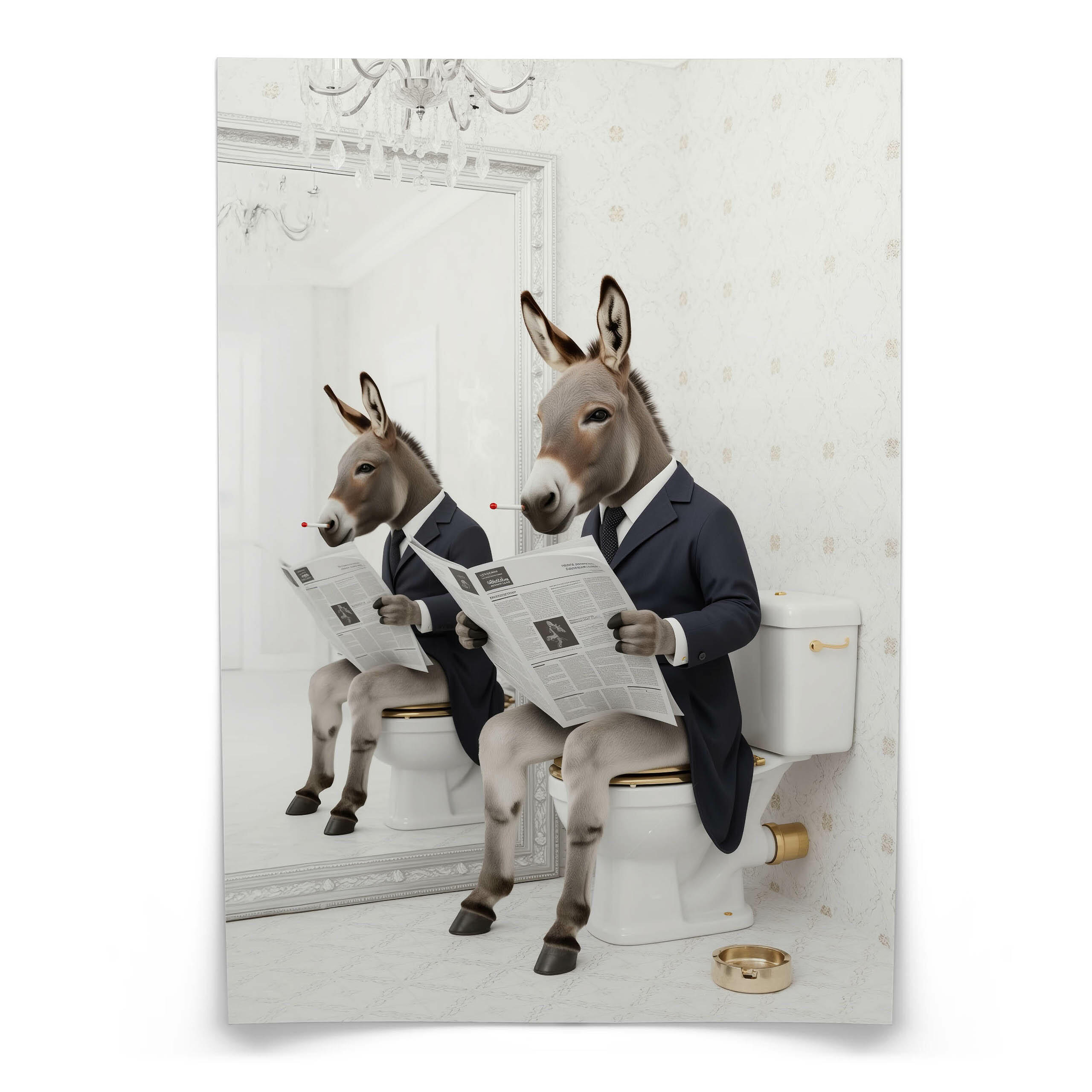 POSTER für Badezimmer WC ESEL im Anzug auf Toilette mit Zeitung Abstraktion 30x40cm - Beige/Schwarz, Papier (30/40/40cm) - Muralo