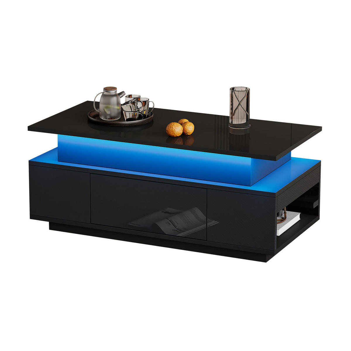 COUCHTISCH aus Spanplatte 96x45x40 cm Schwarz mit LED-Beleuchtung, Hubtischplatte und Stauraum - Schwarz, Holzwerkstoff (96/45/40cm) - IVMEU
