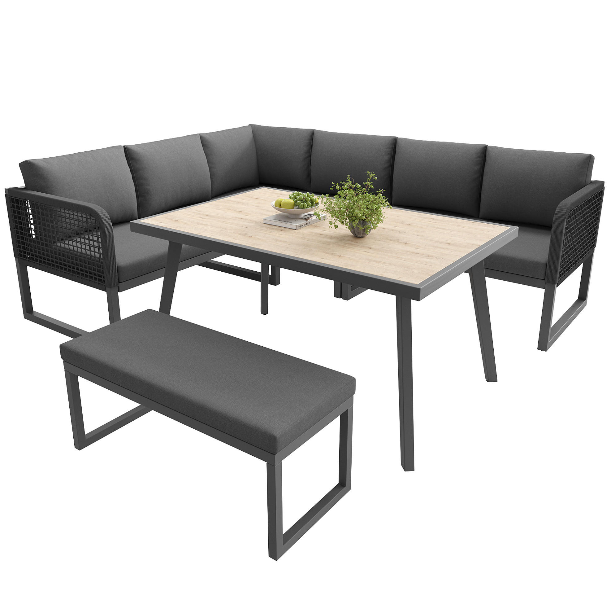 GARTENMÖBEL-SET mit Tisch 110/60/71 cm grau aus PE-Rattan mit Kissen - Grau, Metall - OKWISH