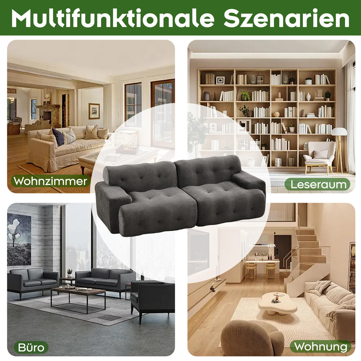 2-SITZER SOFA Chenille Grau mit Knopfverzierung und Armlehnen - Dunkelgrau, Textil (224/66/104cm) - WISHDOR