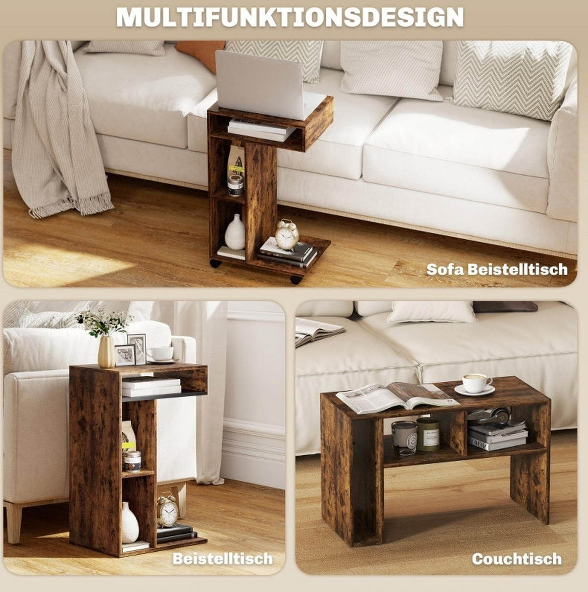 BEISTELLTISCH 40/69/30 cm Rustikal-Braun aus Holz mit 4 Rollen - Braun, Holz (40/30/69cm) - OKMYHOME