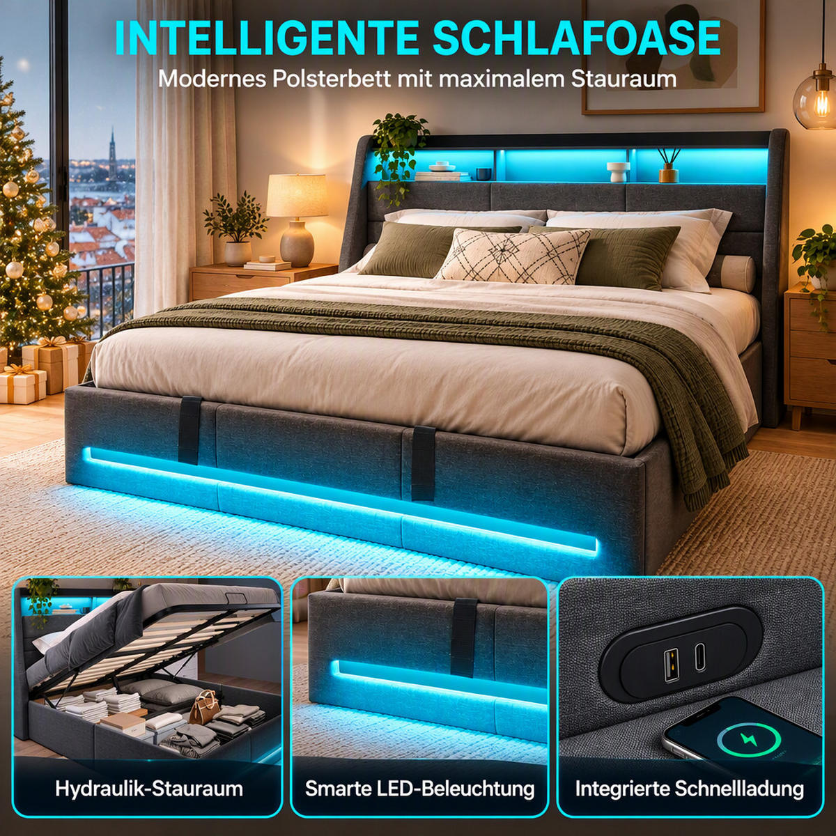 POLSTERBETT 160x200 cm,Bett mit LED-Beleuchtung und Stauraum Kopfteil - Grau, Holz/Textil (160/200cm) - PARAFTA HOME