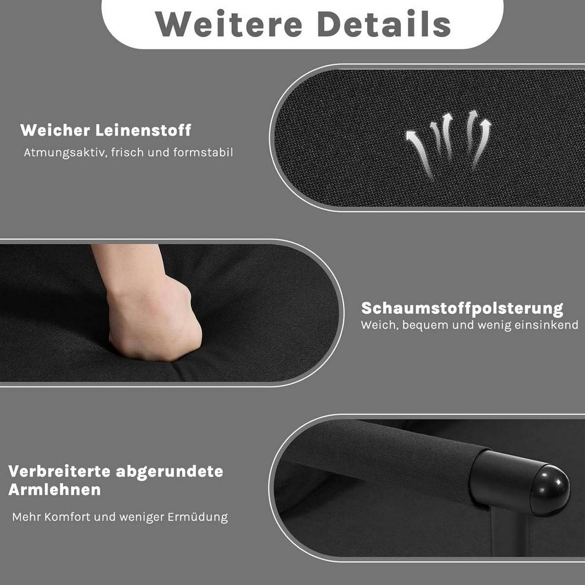 SCHLAFSESSEL 3 in 1, mit Verstellbarer Rückenlehne, Leinen Schwarz - Schwarz, Textil/Metall (65/78/75cm) - Woltu