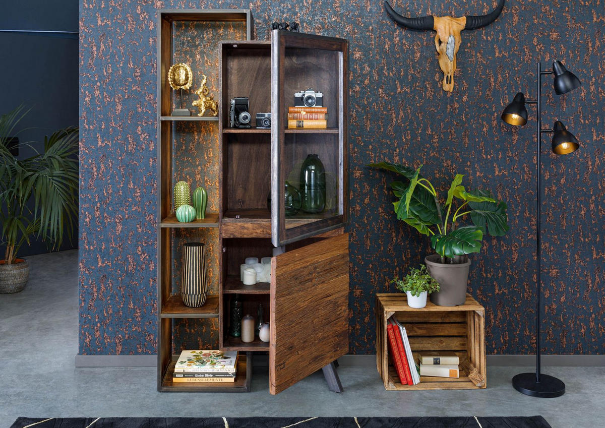 VITRINE Akazie / Altholz 90x40x183 braun lackiert SEVILLA #03 - Braun, Holzwerkstoff (90/183/40cm) - Massivmoebel24