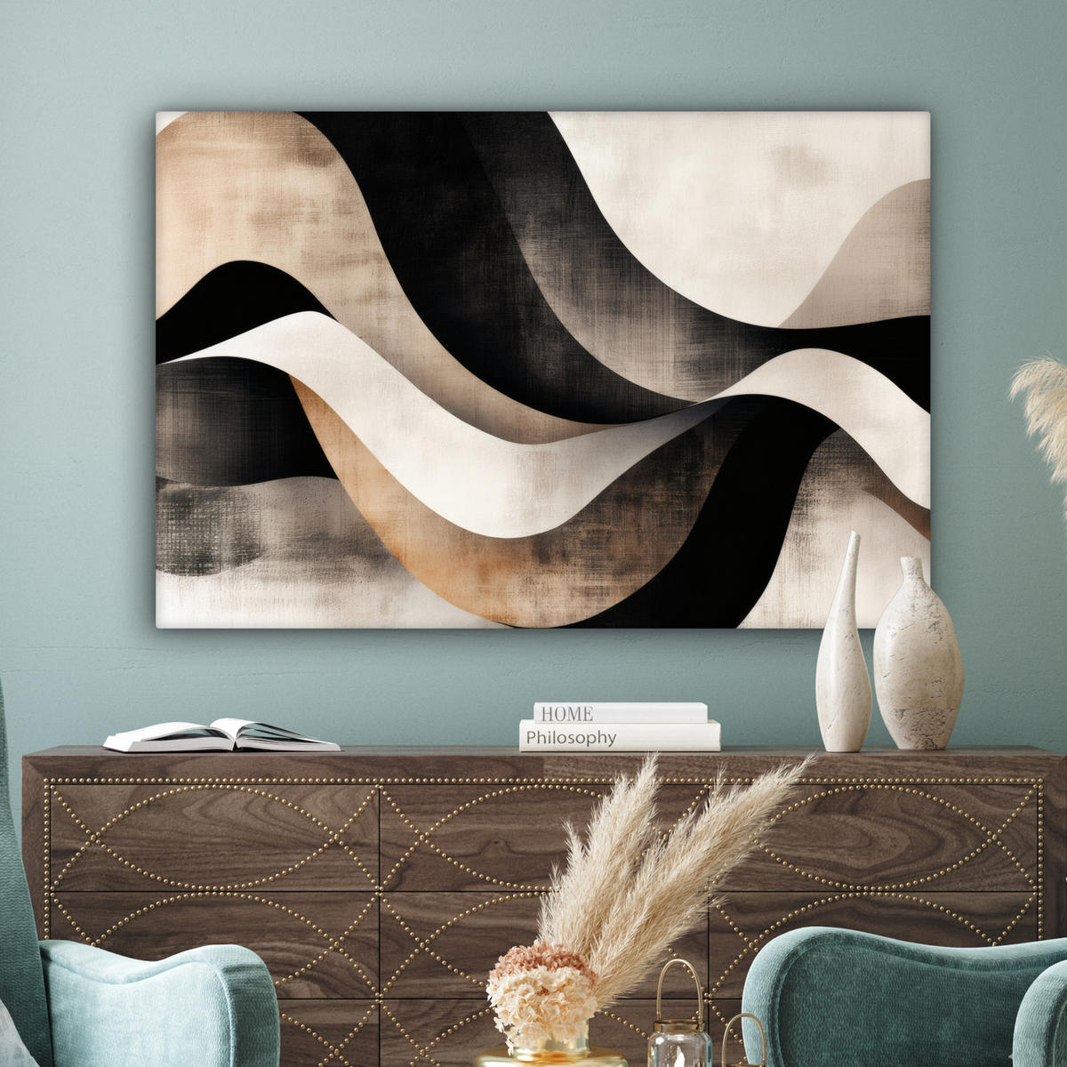 LEINWANDBILD Abstrakt - Wellen - Schwarz - Verwittert Wohnzimmer 120x80 cm - Trüffeleichefarben, Textil (120/80cm) - MuchoWow