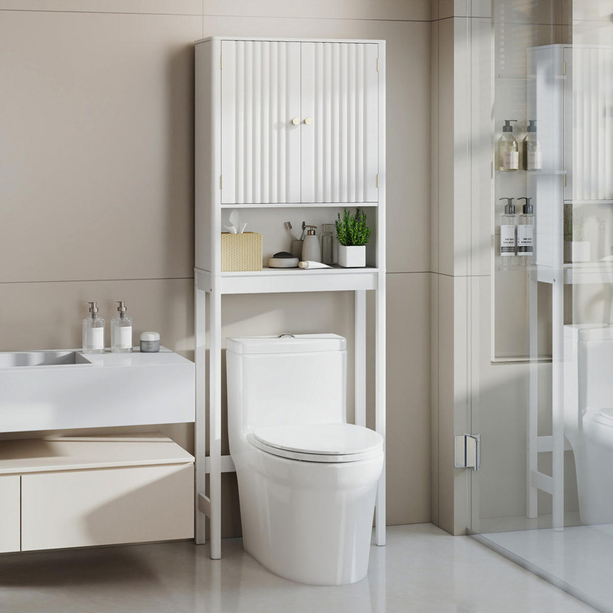 TOILETTENSCHRANK mit Türen weiß - Weiß, Holzwerkstoff (60/168/23cm) - COSTWAY