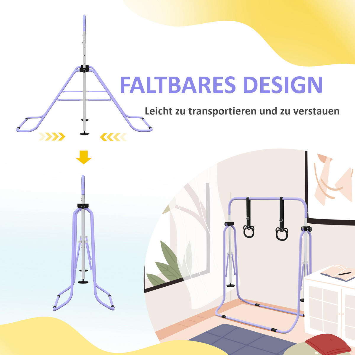 KINDER-TURNBARREN DE-10928 mit Ringen höhenverstellbar klappbar Pink - Violett, Metall (105/148cm) - ComfortXL