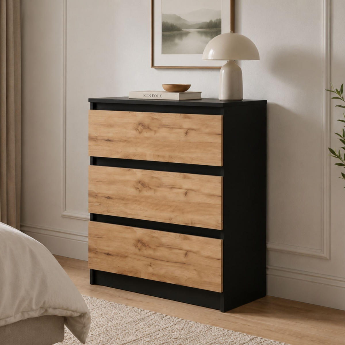 KOMMODE mit drei Schubladen in Schwarze Craft-Eiche - Schwarz/Naturfarben, Holzwerkstoff (70/77/40cm) - Home Collective