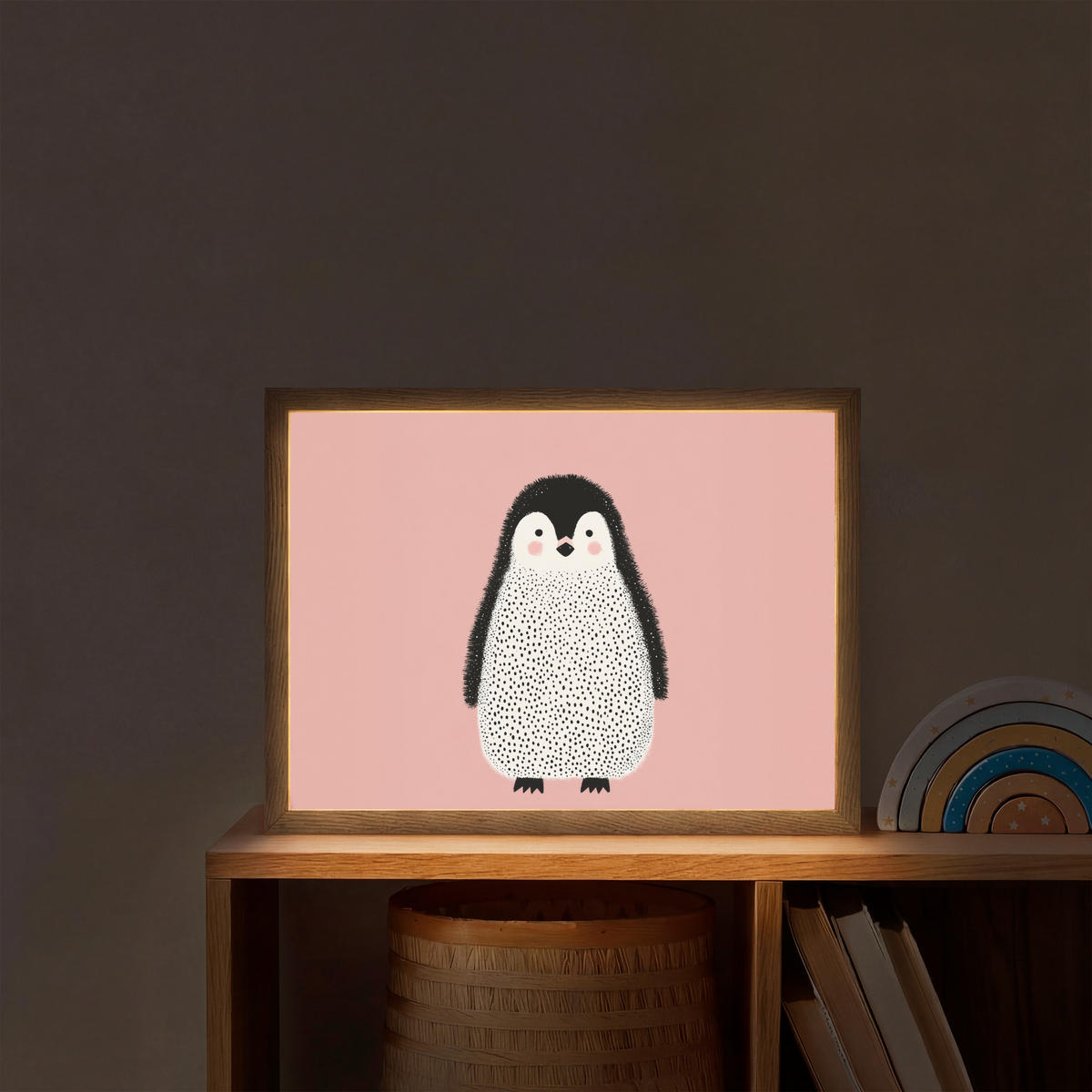 DOBÍJECÍ NOČNÍ LAMPIČKA Tučňák - Tečky - Minimalistický - Růžový 40x30 cm - růžová, kompozitní dřevo (8/40/30cm) - OnlyWow