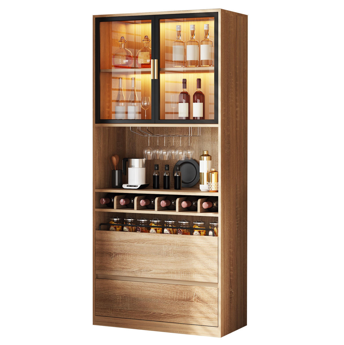 VITRINE 180 cm aus MDF mit Glastüren und LED-Beleuchtung Natur - Naturfarben, Holzwerkstoff (80/180/40cm) - Modenvie
