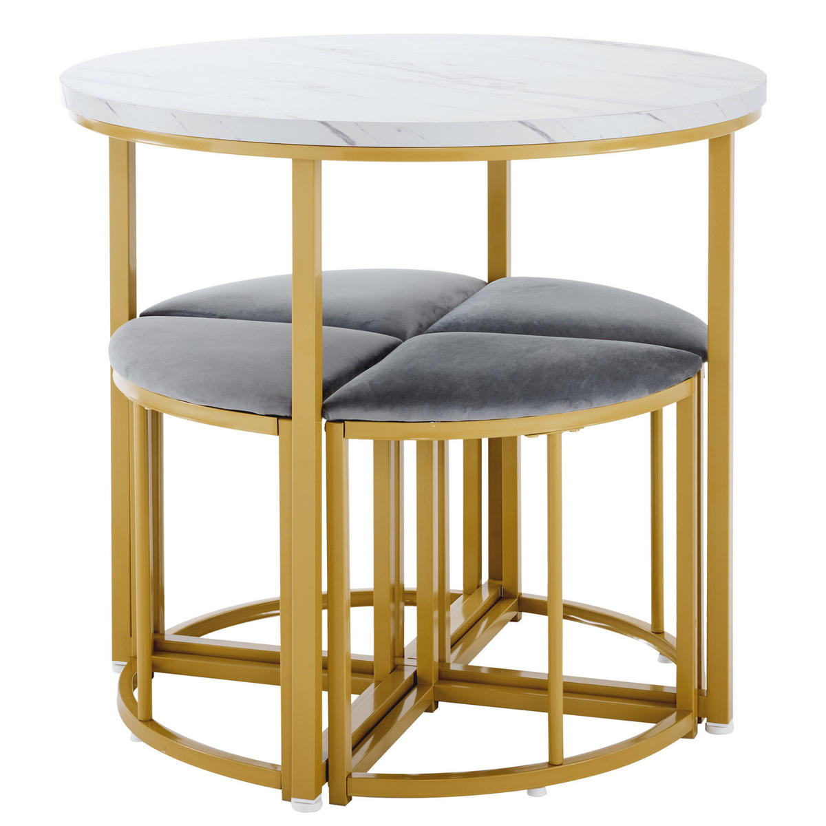 ESSGRUPPE rund 80 cm mit 4 Stühlen, Esstisch-Set mit MDF-Tischplatte, vergoldetem Metallgestell, grau-gold - Goldfarben, Holzwerkstoff (80/75/80cm) - Luhomfu