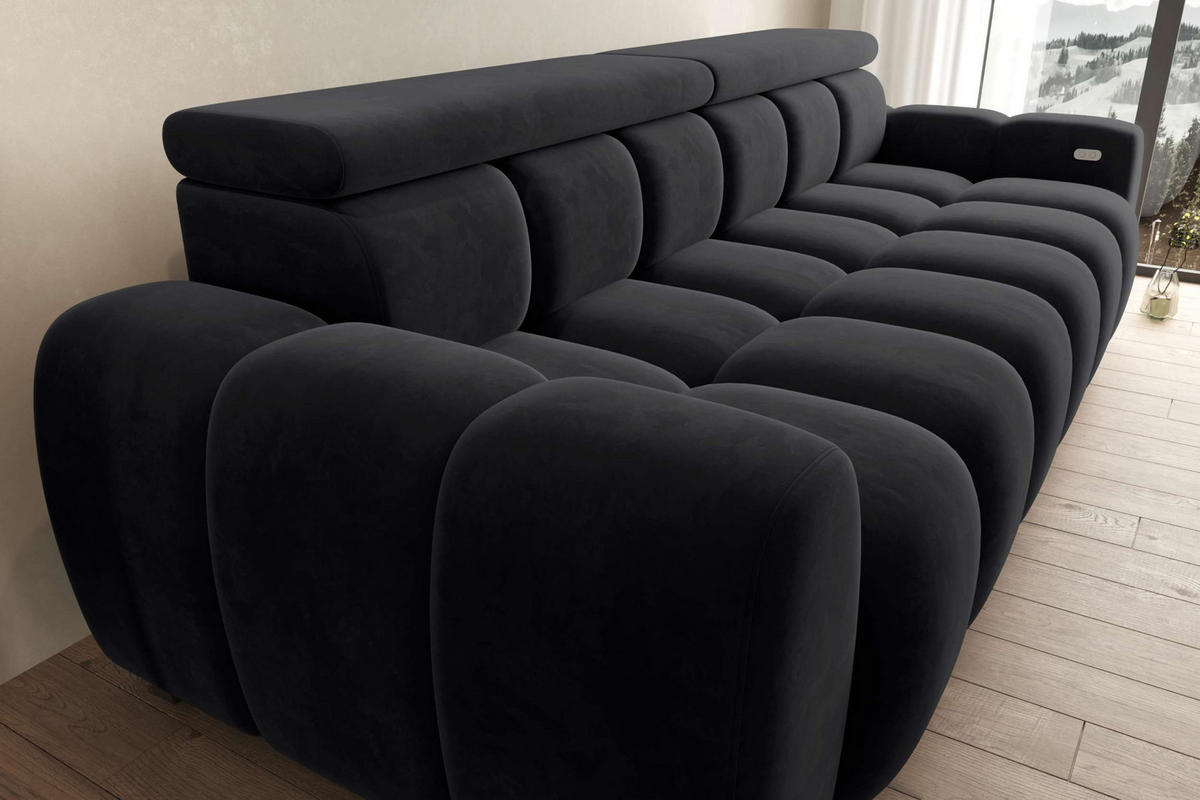 BIGSOFA ALESSIO Velours Schwarz mit elektrischer Sitztiefenverstellung - Schwarz, Kunststoff/Textil (248/77/108cm) - 99rooms