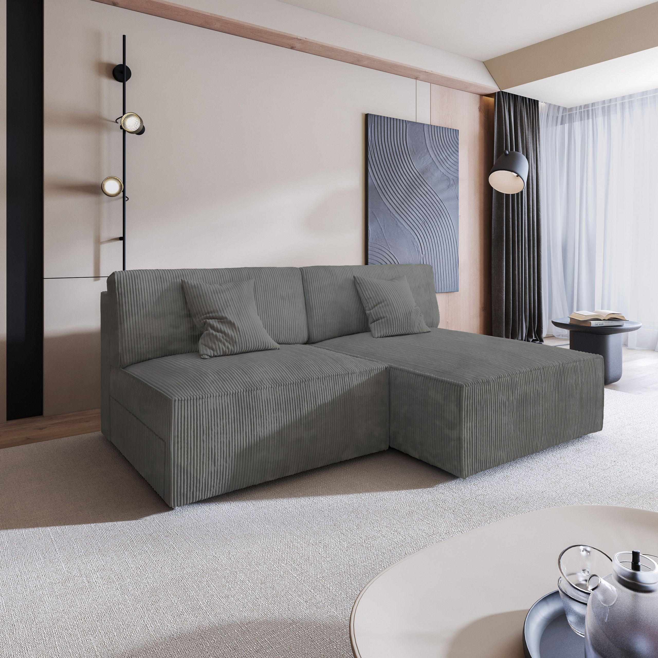 ECKSOFA FIORO P Grau Kordstoff mit Schlaffunktion - Grau, Holz (204/148cm) - MASSENO