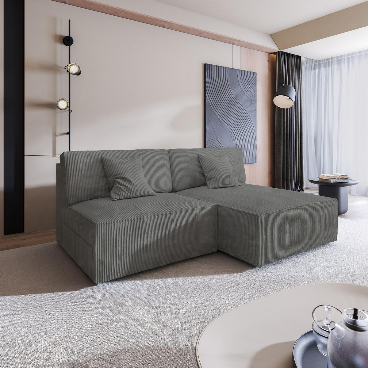 ECKSOFA FIORO P Grau Kordstoff mit Schlaffunktion - Grau, Holz (204/148cm) - MASSENO