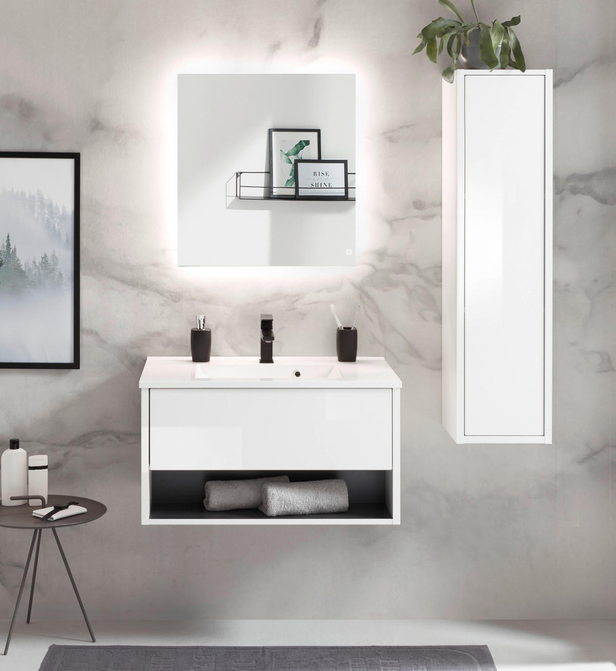 BADMÖBEL-SET weiß Hochglanz, grau, Badezimmer Schränke mit Waschbecken, LED Beleuchtung 120 cm - Weiß Hochglanz/Grau, Glas/Holzwerkstoff (120/190/47cm) - Furn.Design