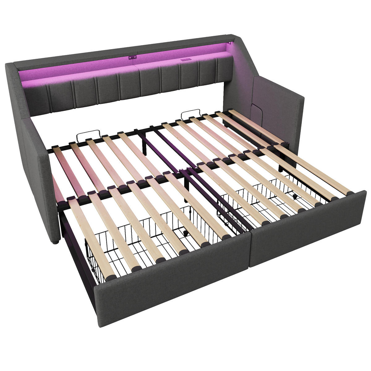 TAGEBETT 90x200cm Grau USB-C LED-Leiste 2 Schubladen Ausziehbett - Grau, Holz (90/200cm) - FLIEKS