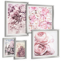 BILDER SET 5er Set - 50x50 cm & 20x30 cm & 40x60 cm Silberner Rahmen - Rosa Blumen, romantische Landschaft - Silberfarben, Kunststoff (40/60cm) - TULUP