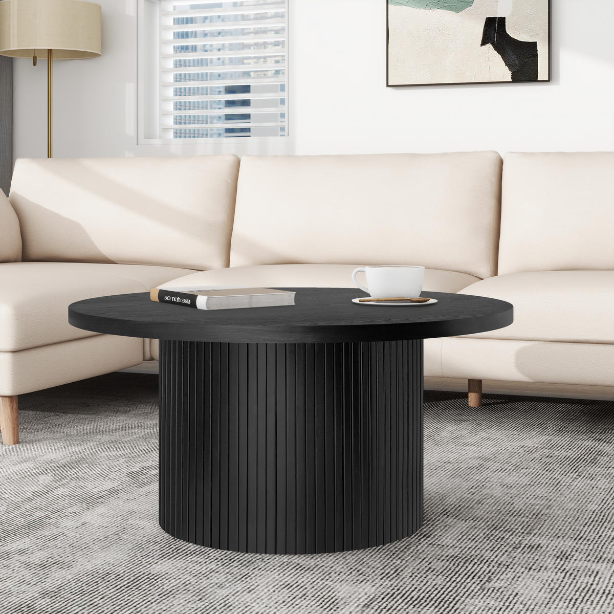 COUCHTISCH 90/45/40 cm Schwarz aus MDF und Massivholz mit vertikalen Streifen - Schwarz, Holz (90/90/45cm) - OKWISH