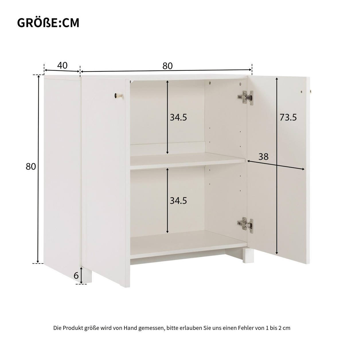 KOMODA 80/40/80 cm s 2 vrata, lučnim uzorkom i zlatnim ručkama, Bijela - bijela, drvni materijal (80/80/40cm) - Redom